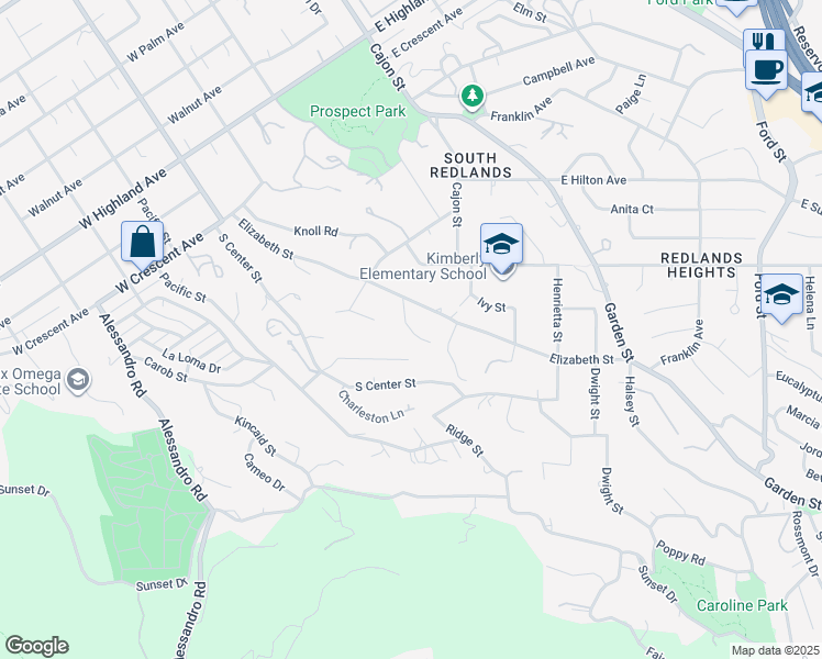map of restaurants, bars, coffee shops, grocery stores, and more near 1431 Elizabeth Crest Drive in Redlands