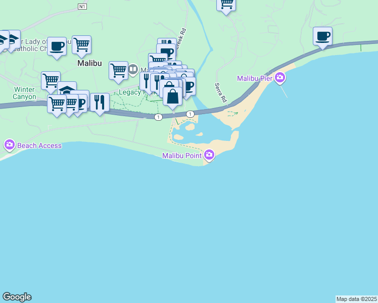 map of restaurants, bars, coffee shops, grocery stores, and more near 23349 Malibu Colony Road in Malibu