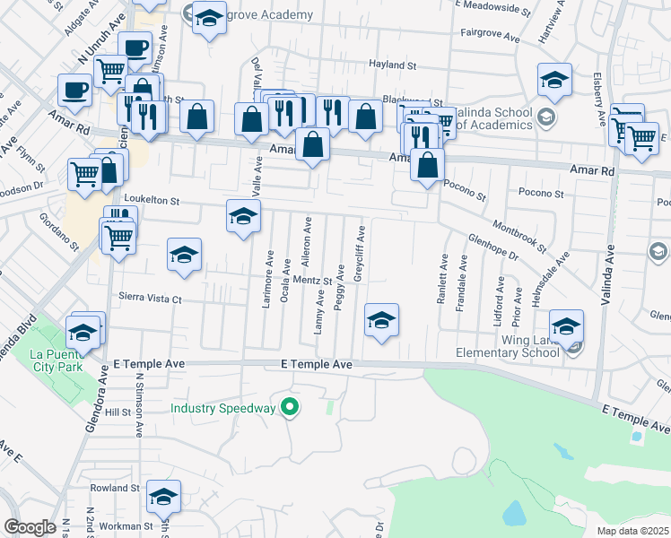 map of restaurants, bars, coffee shops, grocery stores, and more near 759 Greycliff Avenue in La Puente