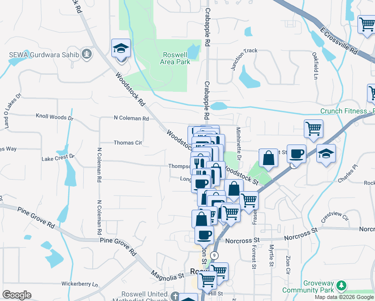 map of restaurants, bars, coffee shops, grocery stores, and more near 56 Woodstock Road in Roswell