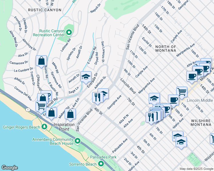 map of restaurants, bars, coffee shops, grocery stores, and more near 605 San Vicente Boulevard in Santa Monica