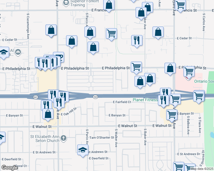 map of restaurants, bars, coffee shops, grocery stores, and more near 1456 East Philadelphia Street in Ontario