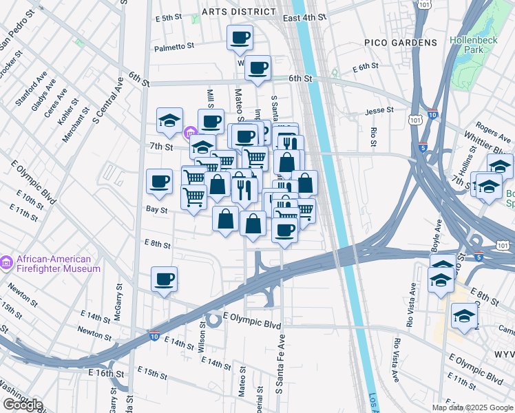 map of restaurants, bars, coffee shops, grocery stores, and more near 2019 Bay Street in Los Angeles