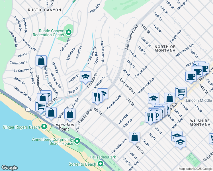 map of restaurants, bars, coffee shops, grocery stores, and more near 605 San Vicente Boulevard in Santa Monica