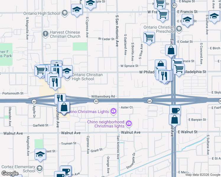 map of restaurants, bars, coffee shops, grocery stores, and more near 12208 Alexandria Place in Chino