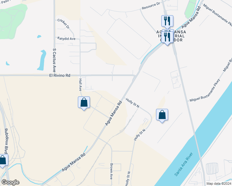 map of restaurants, bars, coffee shops, grocery stores, and more near 815 Agua Mansa Road in Bloomington