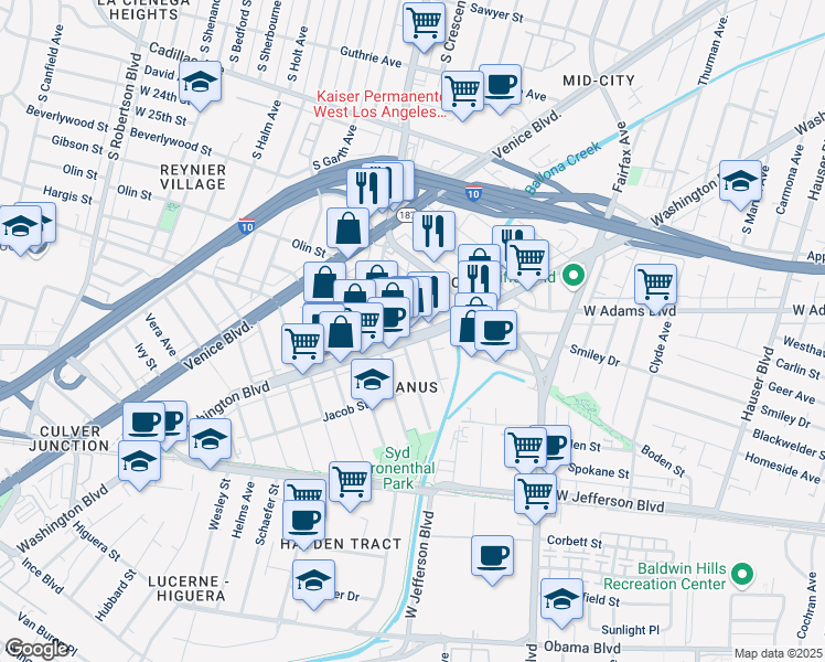 map of restaurants, bars, coffee shops, grocery stores, and more near 6023 Washington Boulevard in Culver City
