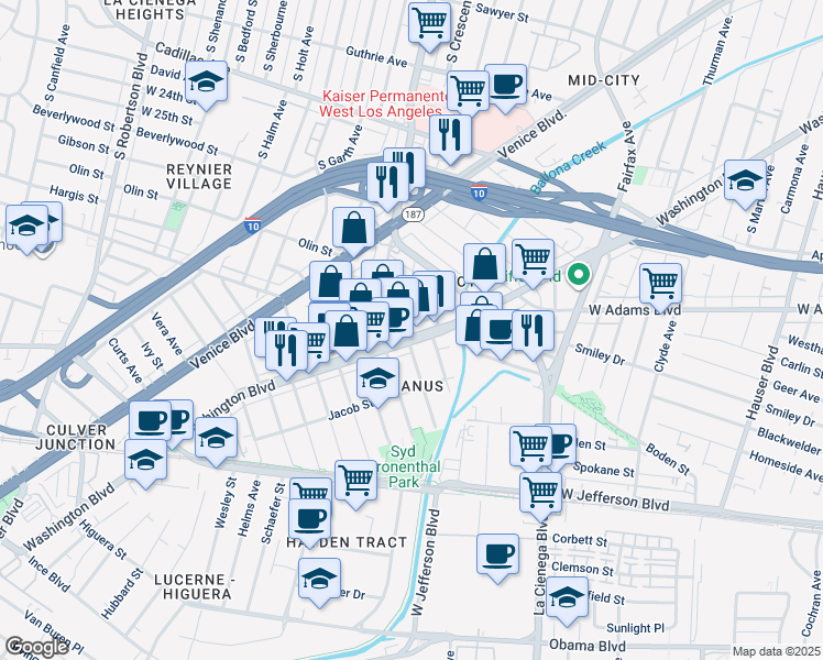 map of restaurants, bars, coffee shops, grocery stores, and more near 6023 Washington Boulevard in Culver City