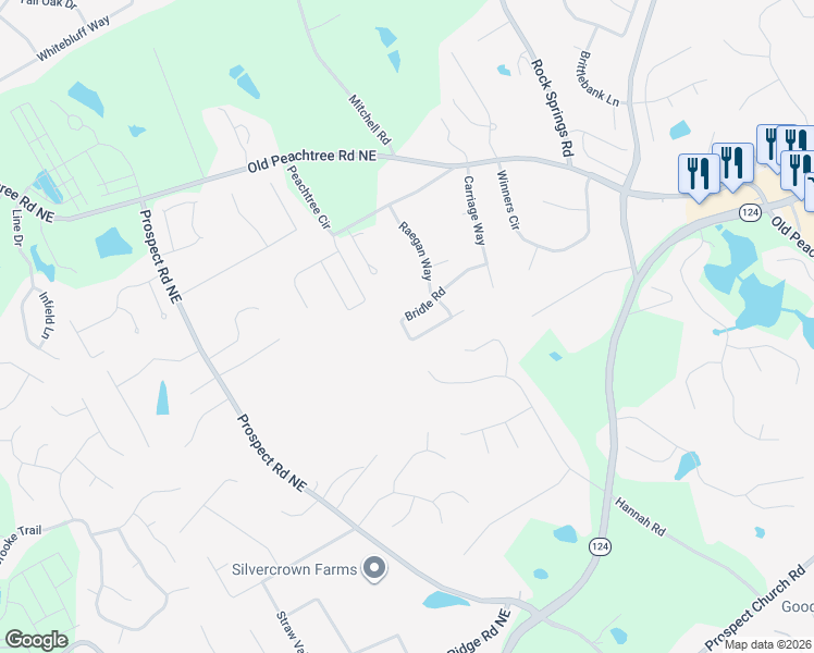 map of restaurants, bars, coffee shops, grocery stores, and more near 1891 Bridle Road in Lawrenceville