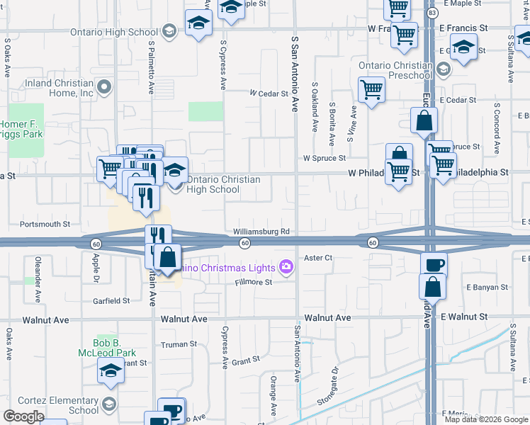 map of restaurants, bars, coffee shops, grocery stores, and more near 705 West Monticello Street in Ontario