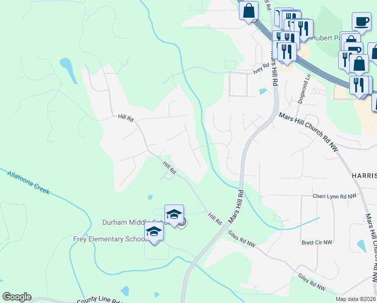 map of restaurants, bars, coffee shops, grocery stores, and more near 3211 Aviary Court Northwest in Acworth