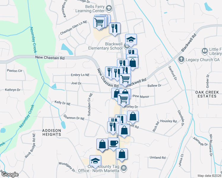 map of restaurants, bars, coffee shops, grocery stores, and more near 3315 Hilltop Drive in Marietta