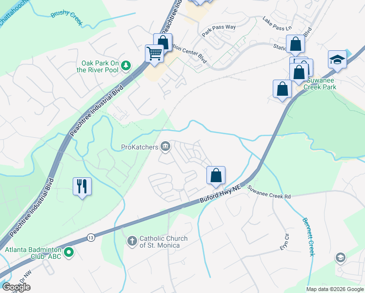 map of restaurants, bars, coffee shops, grocery stores, and more near 3863 Baxley Pine Trail in Suwanee