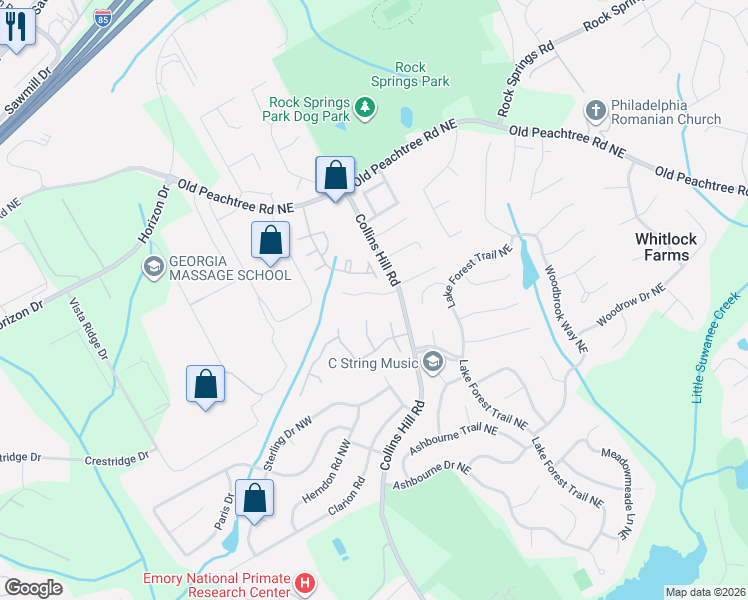 map of restaurants, bars, coffee shops, grocery stores, and more near 259 Collins View Court in Lawrenceville