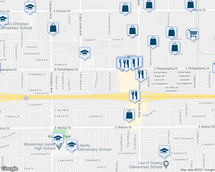 map of restaurants, bars, coffee shops, grocery stores, and more near 2326 South Cucamonga Avenue in Ontario