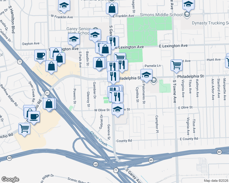 map of restaurants, bars, coffee shops, grocery stores, and more near 2187 Moonstone Court in Pomona