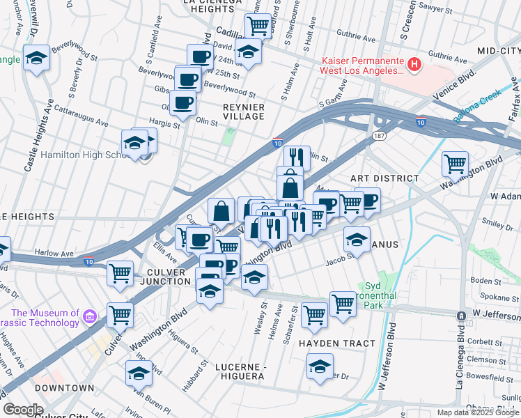 map of restaurants, bars, coffee shops, grocery stores, and more near 3198 Hutchison Avenue in Los Angeles