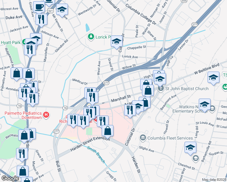 map of restaurants, bars, coffee shops, grocery stores, and more near 1913 Liberty Street in Columbia