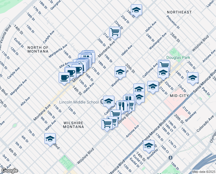 map of restaurants, bars, coffee shops, grocery stores, and more near 952 17th Street in Santa Monica