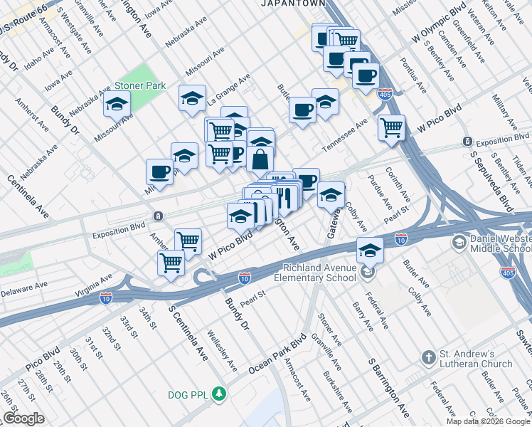 map of restaurants, bars, coffee shops, grocery stores, and more near 11708 Tennessee Avenue in Los Angeles
