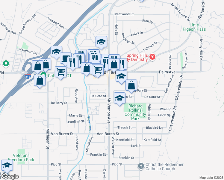 map of restaurants, bars, coffee shops, grocery stores, and more near 12218 Warbler Avenue in Grand Terrace