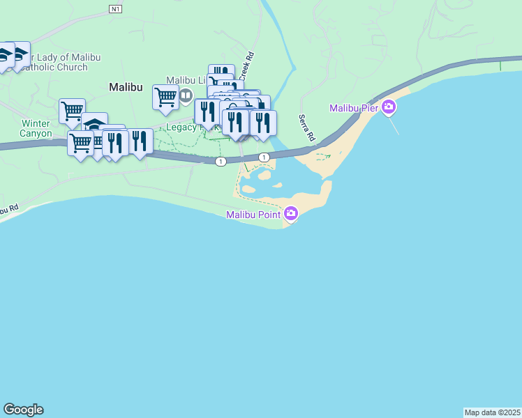 map of restaurants, bars, coffee shops, grocery stores, and more near 23351 Malibu Colony Road in Malibu