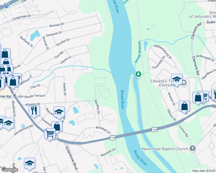 map of restaurants, bars, coffee shops, grocery stores, and more near 200 River Bluff Way in Columbia