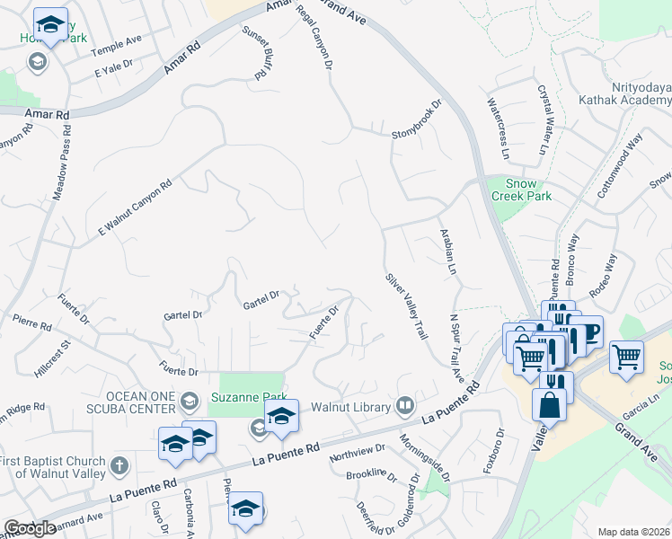 map of restaurants, bars, coffee shops, grocery stores, and more near 20966 East Walnut Canyon Road in Walnut