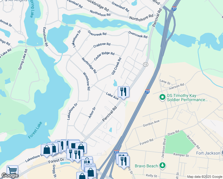 map of restaurants, bars, coffee shops, grocery stores, and more near 3509 Lake Avenue in Columbia