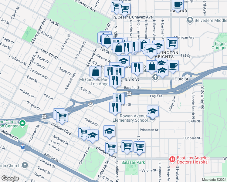 map of restaurants, bars, coffee shops, grocery stores, and more near 3536 East 4th Street in Los Angeles