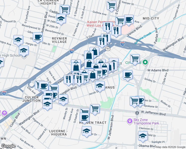 map of restaurants, bars, coffee shops, grocery stores, and more near 3219 McManus Avenue in Los Angeles
