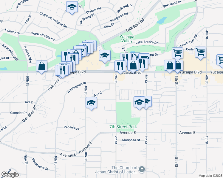 map of restaurants, bars, coffee shops, grocery stores, and more near 12225 Cypress Street in Yucaipa