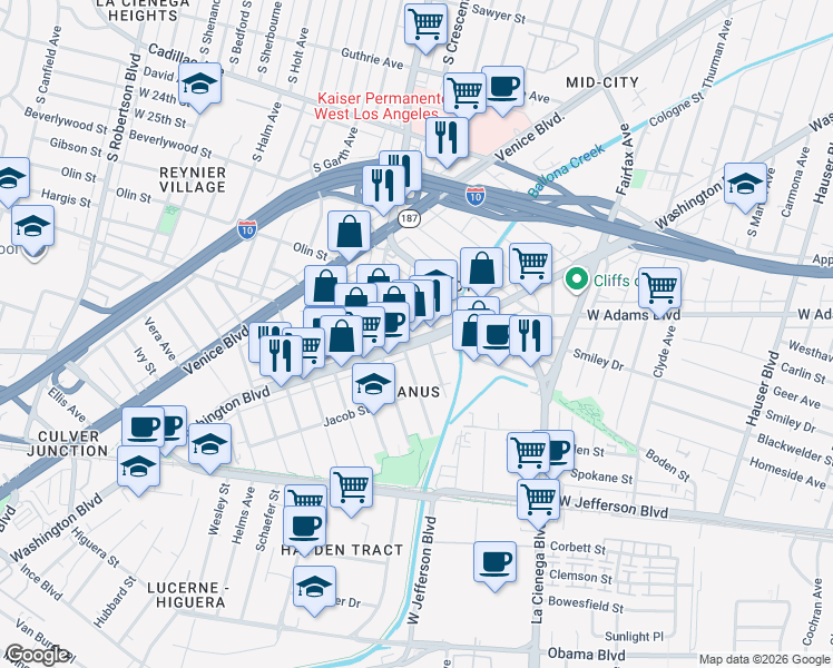 map of restaurants, bars, coffee shops, grocery stores, and more near 6023 Washington Boulevard in Culver City