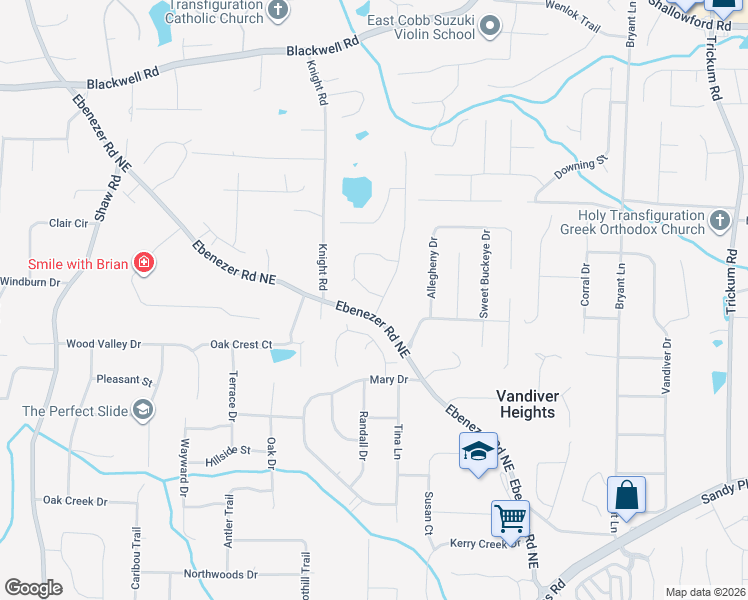 map of restaurants, bars, coffee shops, grocery stores, and more near 1807 Ebenezer Farm Circle Northeast in Marietta