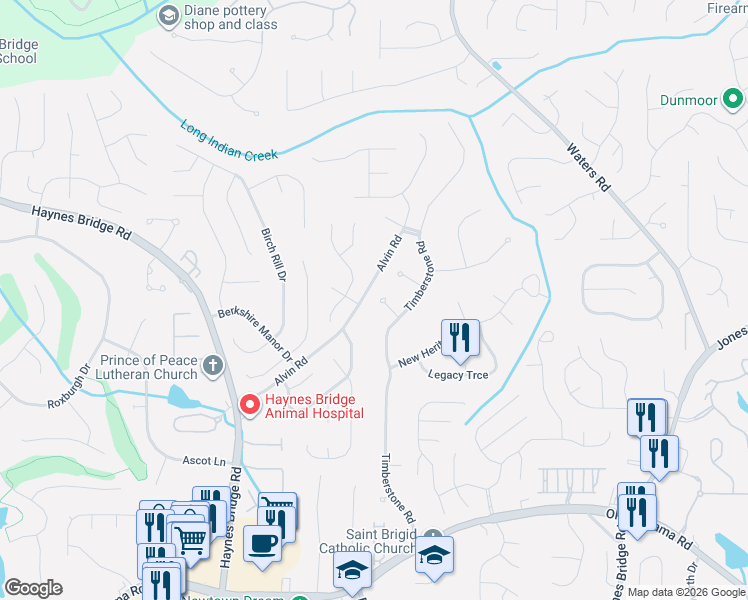 map of restaurants, bars, coffee shops, grocery stores, and more near 3275 Old Evergreen Way in Alpharetta