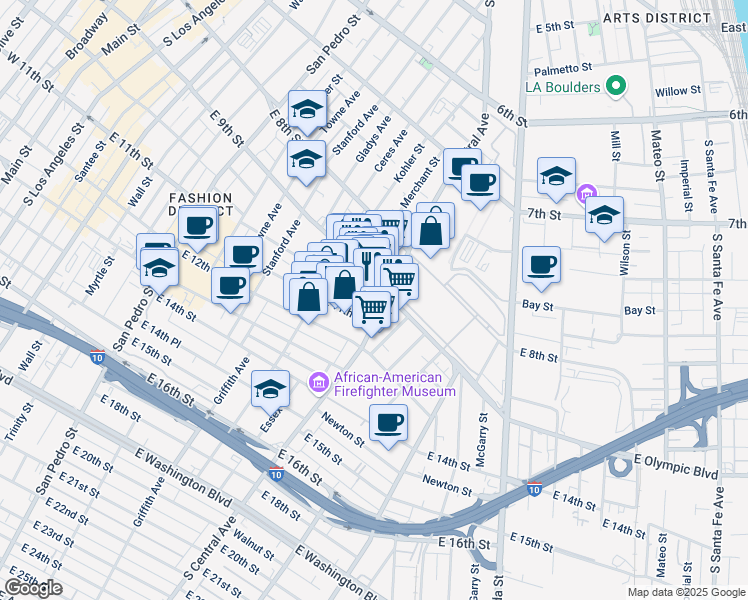 map of restaurants, bars, coffee shops, grocery stores, and more near 915 South Central Avenue in Los Angeles