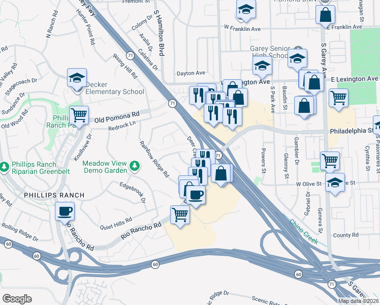 map of restaurants, bars, coffee shops, grocery stores, and more near 34 Skyline Lane in Pomona