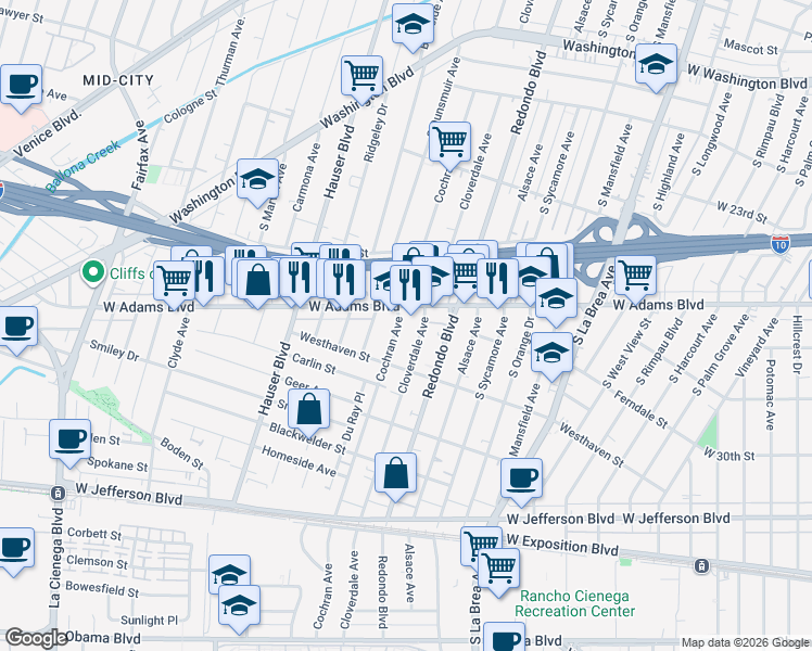 map of restaurants, bars, coffee shops, grocery stores, and more near 2614 South Cochran Avenue in Los Angeles
