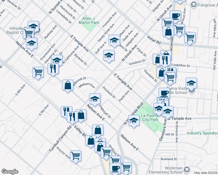 map of restaurants, bars, coffee shops, grocery stores, and more near 15228 Beckner Street in La Puente