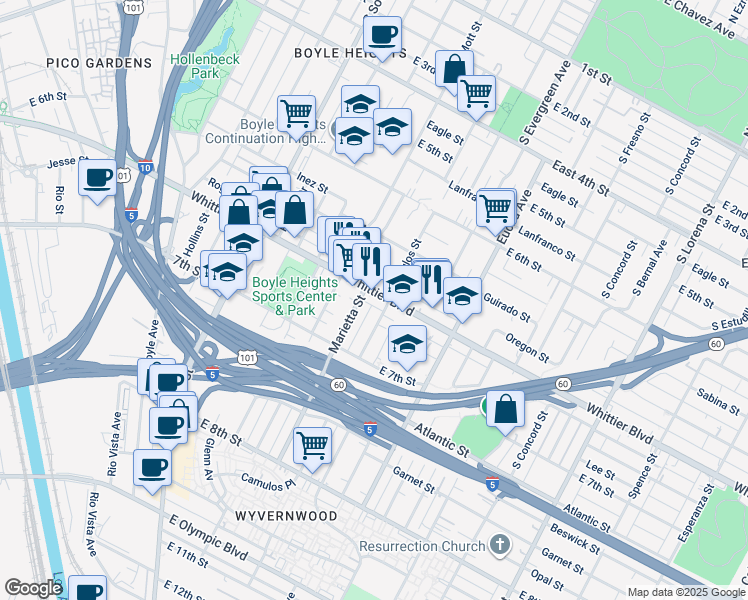 map of restaurants, bars, coffee shops, grocery stores, and more near 2750 Whittier Boulevard in Los Angeles