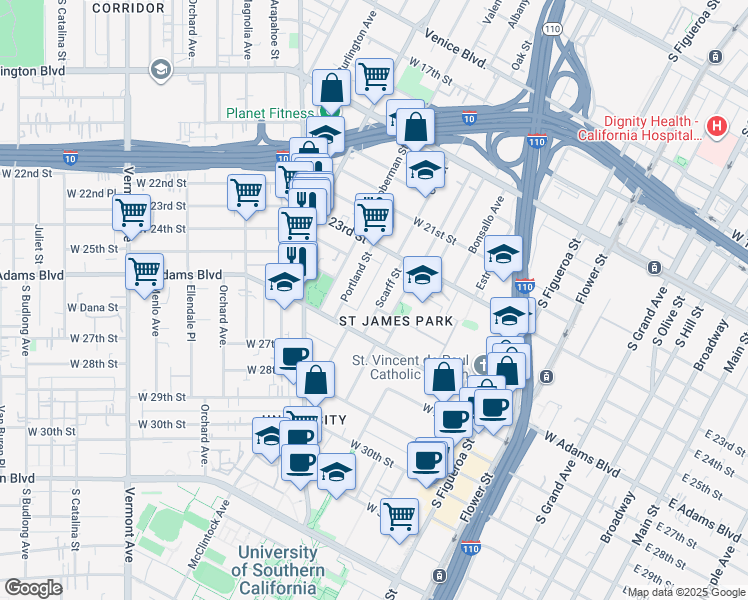 map of restaurants, bars, coffee shops, grocery stores, and more near 2355 Scarff Street in Los Angeles