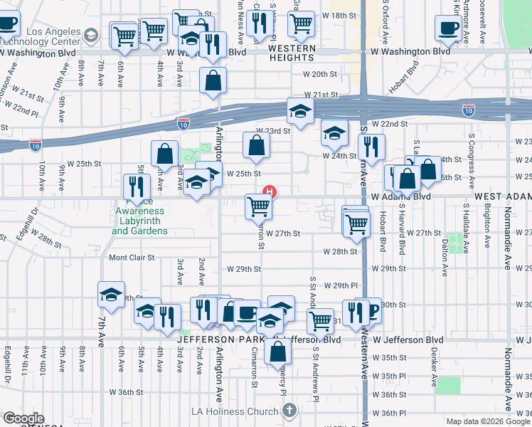 map of restaurants, bars, coffee shops, grocery stores, and more near 2221 West 26th Place in Los Angeles