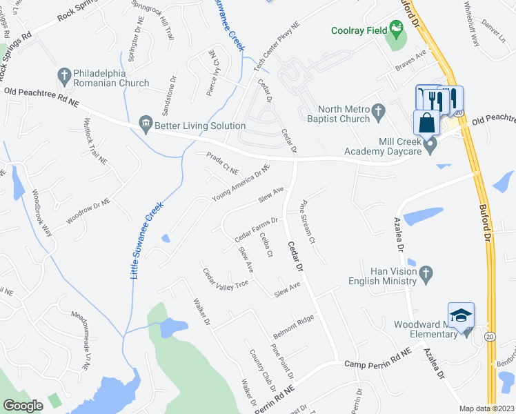 map of restaurants, bars, coffee shops, grocery stores, and more near 478 Slew Avenue in Lawrenceville