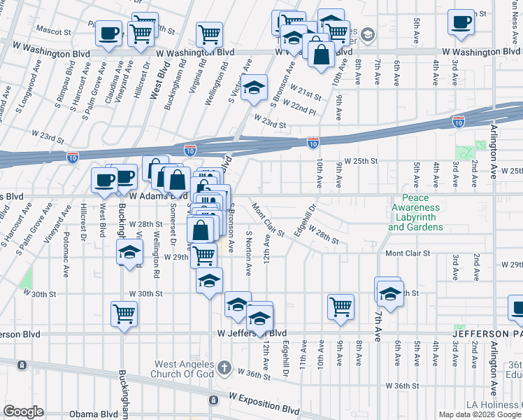 map of restaurants, bars, coffee shops, grocery stores, and more near 4225 Montclair Street in Los Angeles