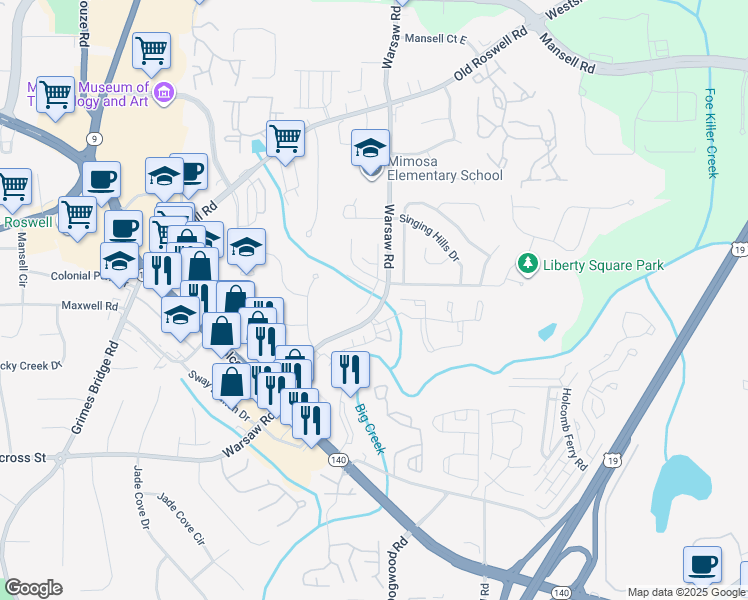 map of restaurants, bars, coffee shops, grocery stores, and more near 1274 Warsaw Road in Roswell