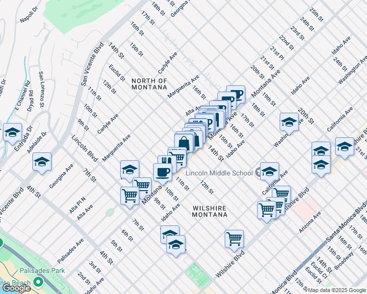 map of restaurants, bars, coffee shops, grocery stores, and more near 714 Euclid Street in Santa Monica