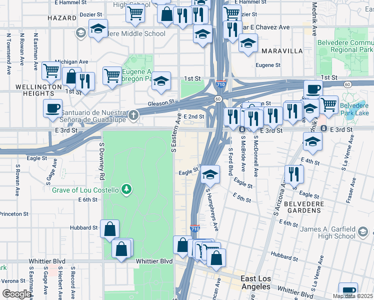 map of restaurants, bars, coffee shops, grocery stores, and more near 4334 Gratian Street in East Los Angeles