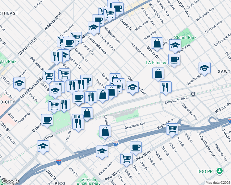 map of restaurants, bars, coffee shops, grocery stores, and more near 1742 Berkeley Street in Santa Monica