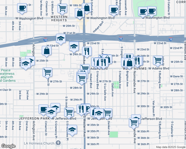 map of restaurants, bars, coffee shops, grocery stores, and more near 2617 South Hobart Boulevard in Los Angeles