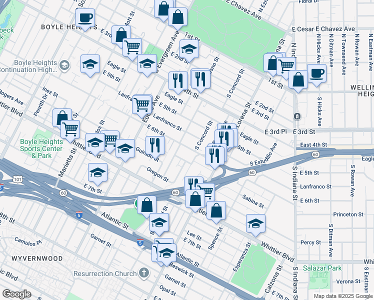 map of restaurants, bars, coffee shops, grocery stores, and more near 3220 East 6th Street in Los Angeles